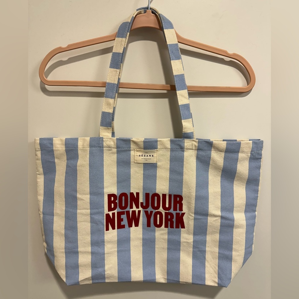 Sezane Blue and Cream Striped Tote Bag